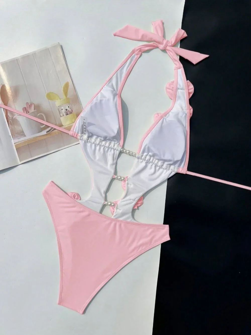 Pink Elegant Women's 3D Floral Pearl One-Piece Swimsuit